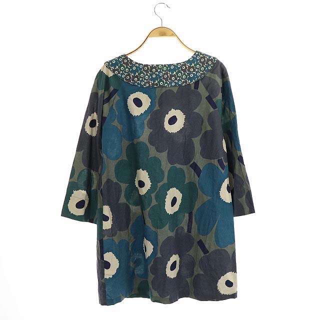 マリメッコ marimekko カットソー チュニック 花柄 七分袖 36 青 /KN