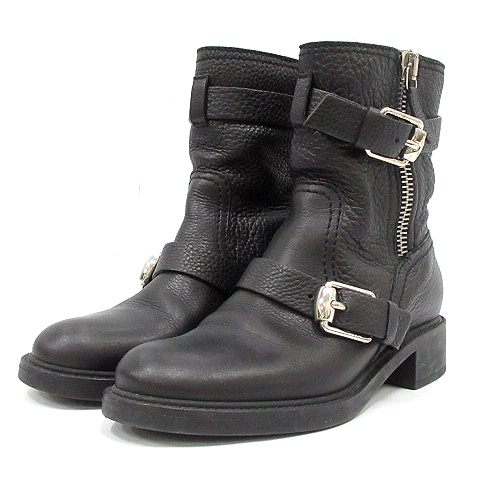 グッチ GUCCI ショート エンジニアブーツ レザー ムートン 35 22cm 黒 