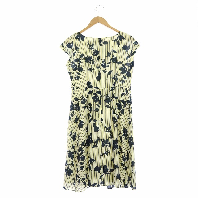 アンタイトル Untitled 花柄 ストライプ ワンピース 半袖 台形 膝丈 クルーネック 2 黄色 紺 Os レディース 170 ベクトルパーク