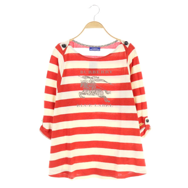 未使用品 バーバリーブルーレーベル BURBERRY BLUE LABEL ニット カットソー 七分袖 ドルマンスリーブ ボーダー 38 赤 レッド ベージュ /AO ■OS レディース