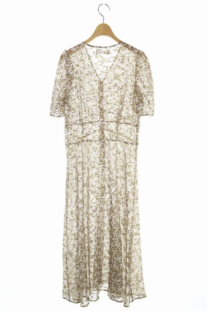 セルフォード Celford ss 花柄 半袖 ロングワンピース ロング 半袖 パフスリーブ Vネック フレア 36 茶 紫 白 ブラウン ラベンダー ホワイト Es Os レディース 170 ベクトルパーク