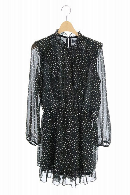 ザラ Zara ドットシアーラッフルワンピース ハイネック フリル 長袖 シースルー 総柄 Xs 黒 ブラック Mf Os Sh レディース 170 ベクトルパーク