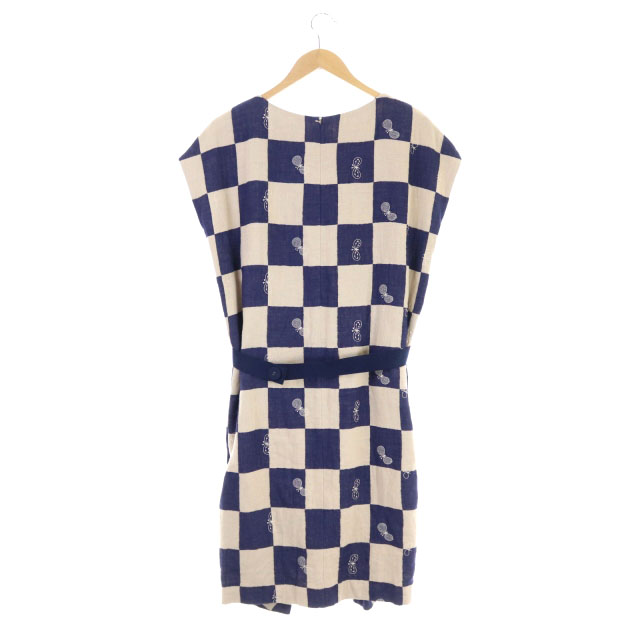 ミナペルホネン Mina Perhonen Choucho ワンピース リネン フレンチスリーブ ロング ブロックチェック 刺繍 38 ベージュ ネイビー 紺 Ao Os レディース 170 ベクトルパーク