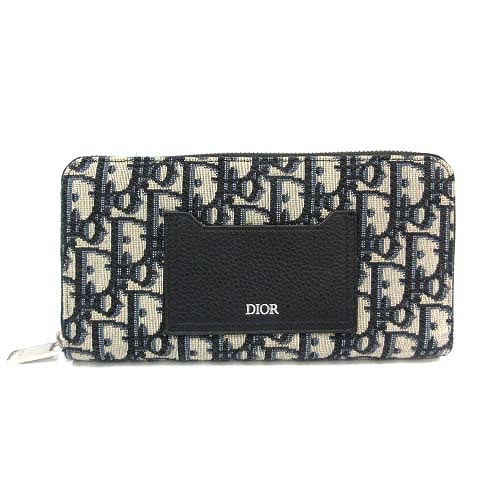 未使用品 クリスチャンディオール Christian Dior トロッター オブリーク 長財布 ラウンドファスナー 総柄 キャンバス レザー 紺 ネイビー 黒 ブラック An5 Oh レディース 170 ベクトルパーク