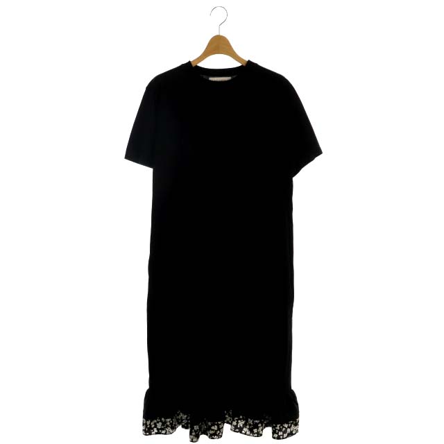 未使用品 ミュベール Muveil ss マルチパターン ジャージ ワンピース 半袖 切替 ギャザー フレア 膝丈 花柄 クルーネック 38 黒 白 ブラック ホワイト Os レディース 170 ベクトルパーク