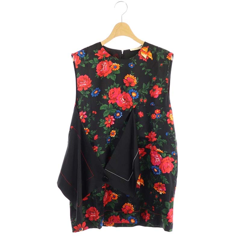 セリーヌ Celine フラワーデザインワンピース チュニック ミニ ノースリーブ 花柄 シルク 38 黒 赤 マルチカラー ブラック レッド Es Os レディース 170 ベクトルパーク