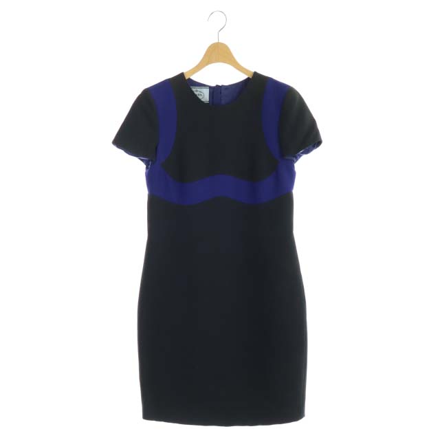 セール プラダ バイカラーワンピース 青 黒 40 タイト 切替 半袖 膝丈 その他