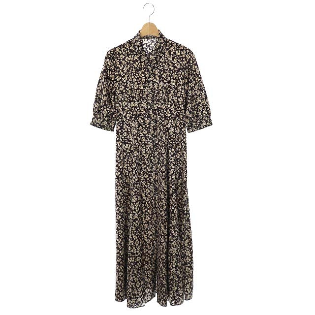 スナイデル Snidel 19aw フラワープリントシャツワンピース ロング 五分袖 レースアップ 0 黒 ブラック ベージュ Df Os レディース 170 ベクトルパーク