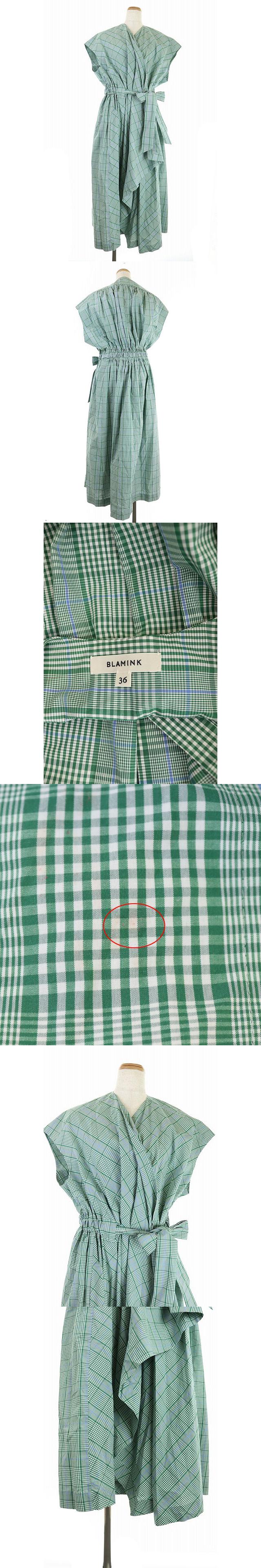 超美品 ブラミンク Blamink チェック柄ウエストリボンワンピース カシュクール ラップ 36 緑 白 グリーン ホワイト Es Os Sh レディース 15大特典付 ファッション レディースファッション Roe Solca Ec