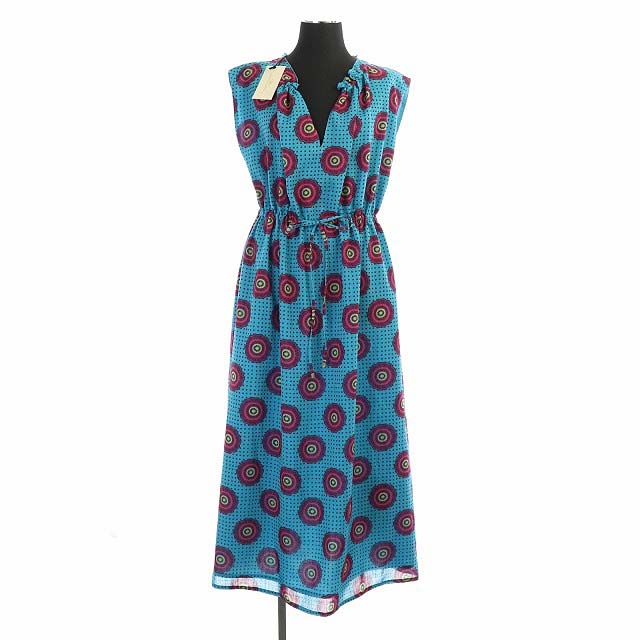 未使用品 グレースコンチネンタル Grace Continental 19ss アフリカンプリントワンピース ロング マキシ Vネック ノースリーブ 総柄 ドット 水玉 36 青 ブルー ピンク Mf Os レディース 170 ベクトルパーク
