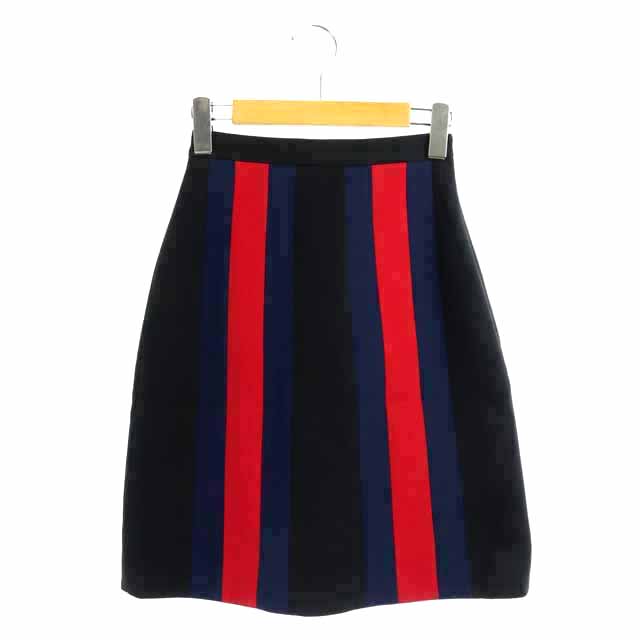 グッチ GUCCI ストライプスカート ひざ丈 フレア ウール 36 黒 赤 青 