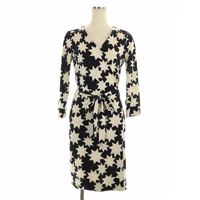 ダイアンフォンファステンバーグ Diane Von Furstenberg 総柄 シルク カシュクール ワンピース ラップワンピース ひざ丈 長袖 6 黒 ブラック アイボリー Hs Os レディース 170 ベクトルパーク