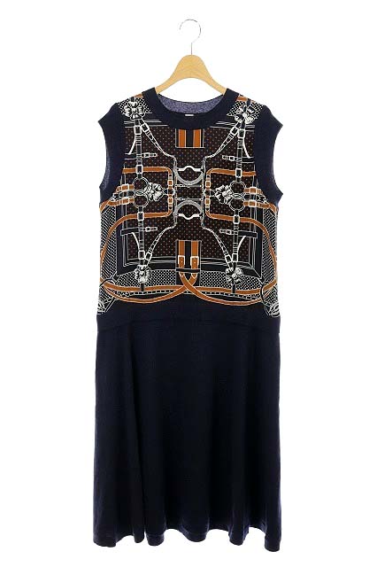 エルメス Hermes スカーフ シルク 切替 ニット ワンピース ノースリーブ フレア ロング クルーネック I42 紺 ネイビー Os レディース 170 ベクトルパーク
