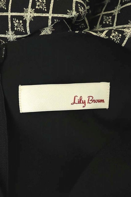 リリーブラウン Lily Brown aw 江戸切子柄 ワンピース 半袖 フレア ロング ウエストリボン スリットネック One 黒 白 ブラック ホワイト Os レディース 170 ベクトルパーク
