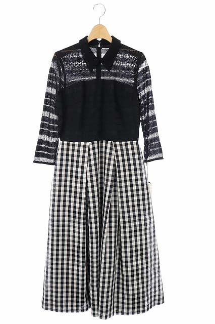 未使用品 グレースコンチネンタル Grace Continental レース カラミワンピース ロング 切替 ギンガムチェック 七分袖 36 黒 白 ブラック ホワイト Df Os レディース 170 ベクトルパーク