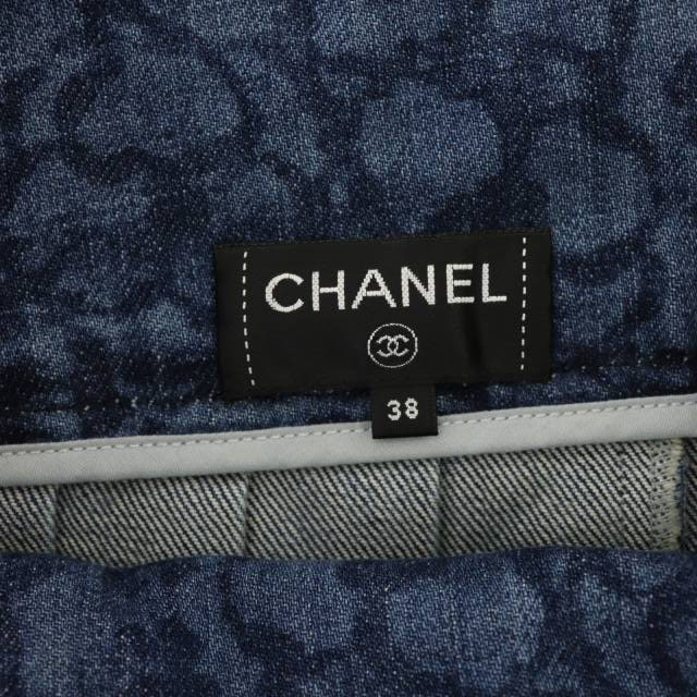 シャネル CHANEL カメリア デニムスカート プリーツ フレア ロング 38 