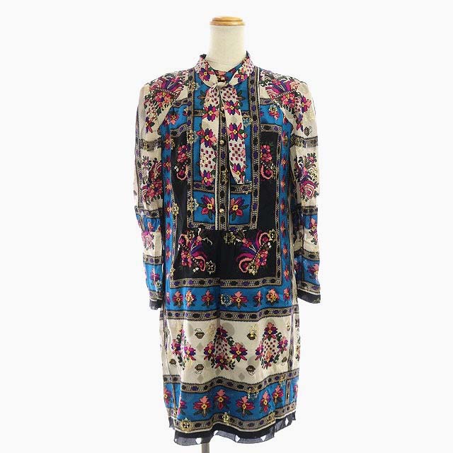 アナスイ Anna Sui ワンピース ひざ丈 バンドカラー 長袖 総柄 シルク 6 マルチカラー Si Os レディース 170 ベクトルパーク