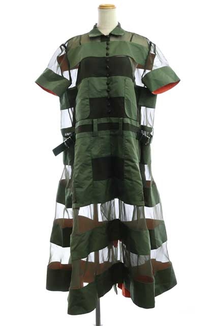 22年新作 ワンピース Dress Chiffon X Twill Nylon 21ss Sacai サカイ ロング レディース Os Df カーキ 1 シースルー シアー 切替 ワンピース Wallstreetadvisory Org