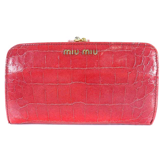 ミュウミュウ miumiu 長財布 二つ折り レザー クロコ型押し がま口 赤  