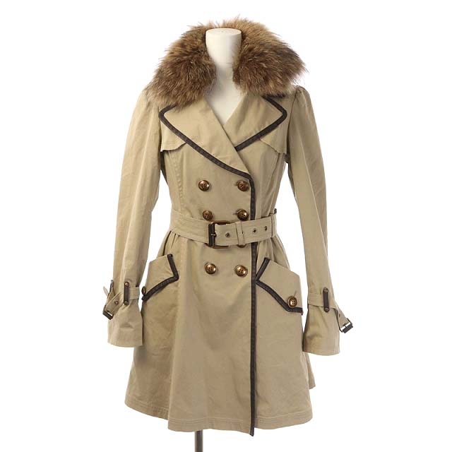 バーバリーブルーレーベル Burberry Blue Label ファー付 ダブルコート トレンチコート ロング 裏地チェック ラクーンファー 38 ベージュ Hs Os レディース 170 ベクトルパーク