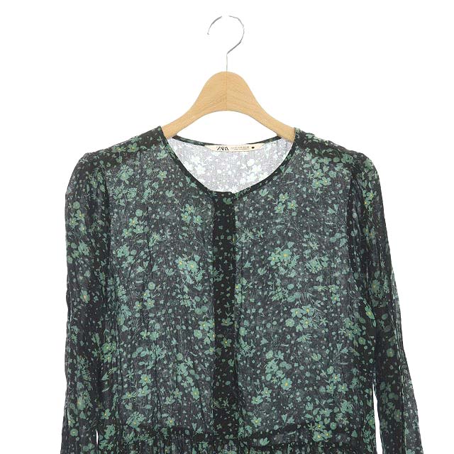 ザラ Zara ワンピース ロング 長袖 フラワー 花柄 S ブラック グリーン 黒 Ao Os レディース 170 ベクトルパーク