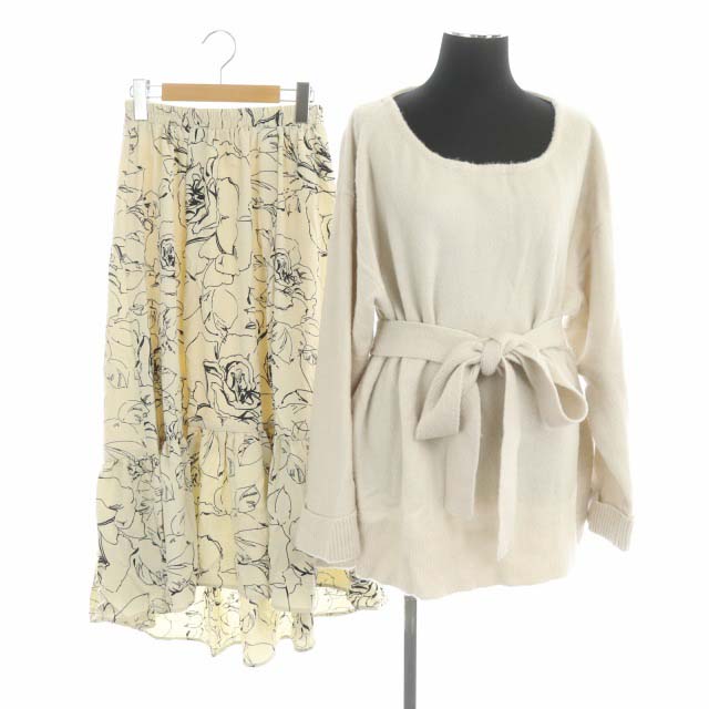 マーキュリーデュオ Mercuryduo 21ss フラワーイレヘムニットセット セットアップ 上下 セーター プルオーバー 長袖 フレアスカート ロング 花柄 F ライトピンク アイボリー Df Os レディース 170 ベクトルパーク