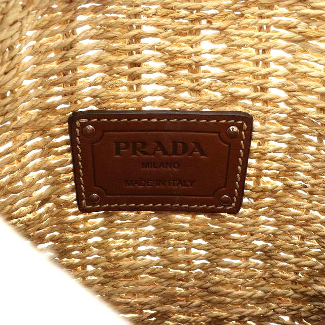PRADA メッシュ編み かごバッグ ベージュ 大人気】PRADA◇ラフィア メッシュ編み トートバッグ ロゴ付き