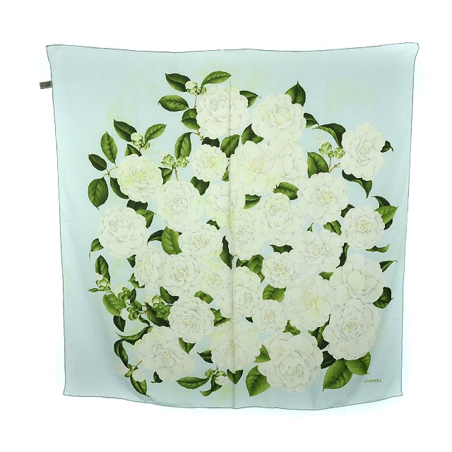 シャネル CHANEL スカーフ カメリア シルク 絹 カメリア 花柄 水色 白  