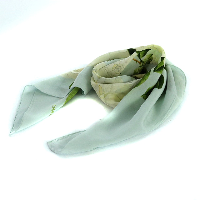 CHANEL 花柄シルクスカーフ 緑/白