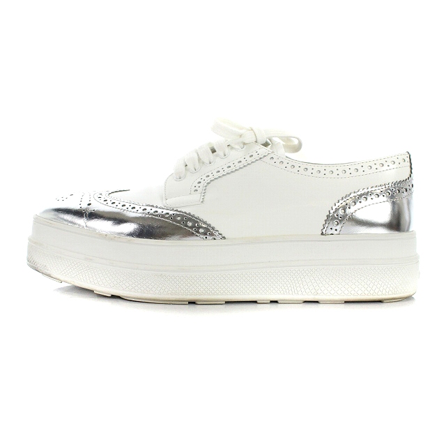 プラダ PRADA スニーカー ウィングチップ レザー 厚底 37 24cm 白 