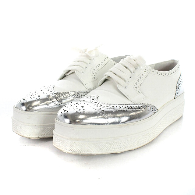 プラダ PRADA スニーカー ウィングチップ レザー 厚底 37 24cm 白 