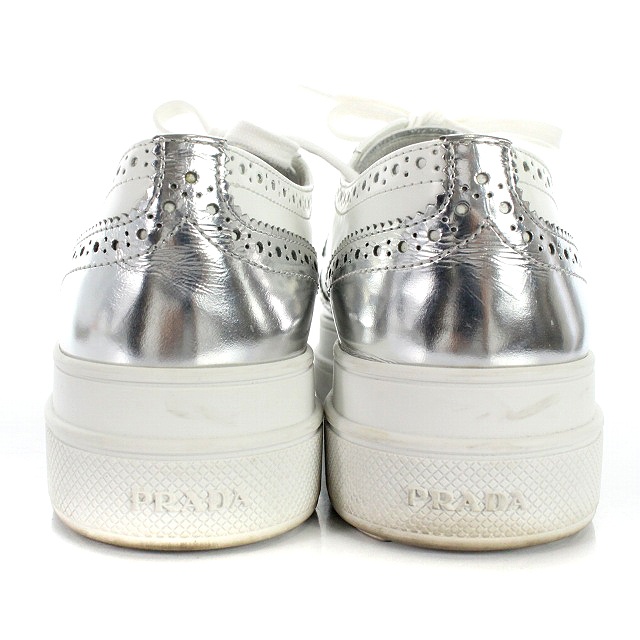 プラダ PRADA スニーカー ウィングチップ レザー 厚底 37 24cm 白 