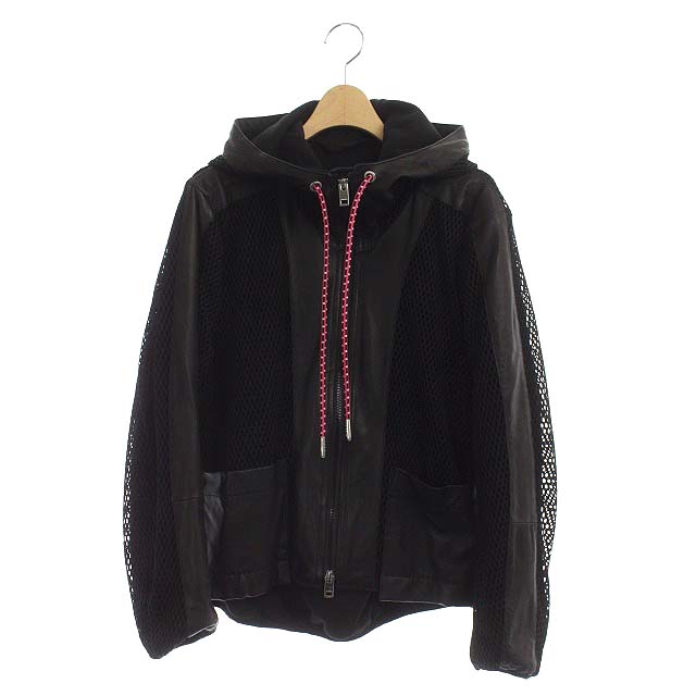 ディーゼル DIESEL パーカー ジップアップ 切替 レザー メッシュ XS 黒 