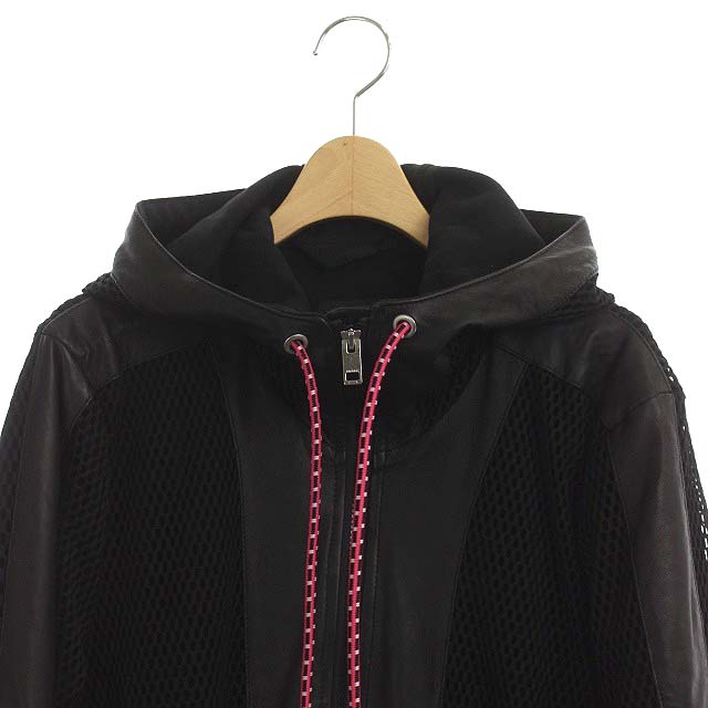 ディーゼル DIESEL パーカー ジップアップ 切替 レザー メッシュ XS 黒 