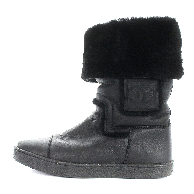 CHANEL 黒 レザー ムートンブーツ 37