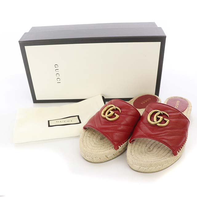 グッチ GUCCI GG柄エスパドリーユ サンダル 37 24.0cm 赤 ベージュ 
