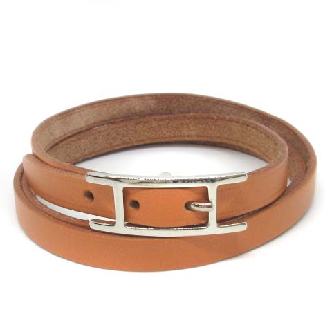 エルメス HERMES アピ 3 ラップブレスレット Hバングル レザー 茶色 