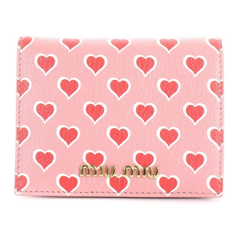 ミュウミュウ miumiu 財布 二つ折り ハート柄 レザー ピンク □OH 