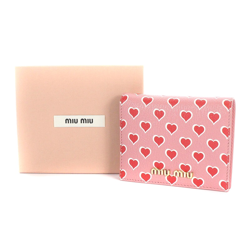 ミュウミュウ miumiu 財布 二つ折り ハート柄 レザー ピンク □OH 