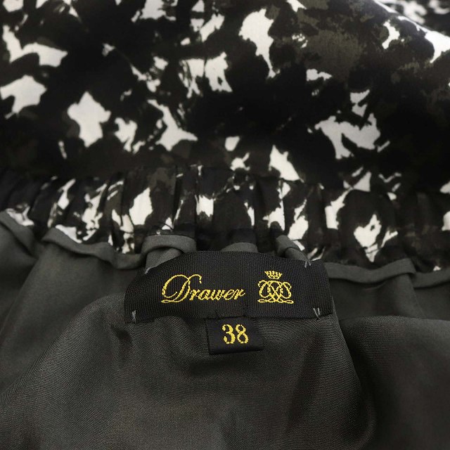 ドゥロワー Drawer フレアスカート 膝丈 シルク 総柄 38 黒 白  