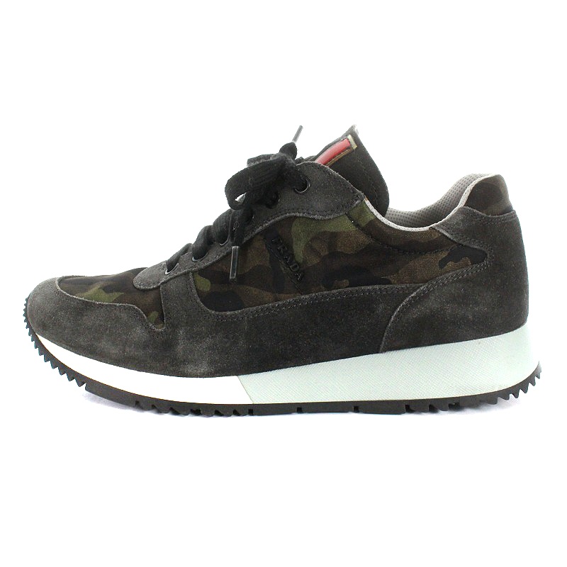 プラダ PRADA スポーツ スニーカー カモフラ スエード 37 24cm カーキ 