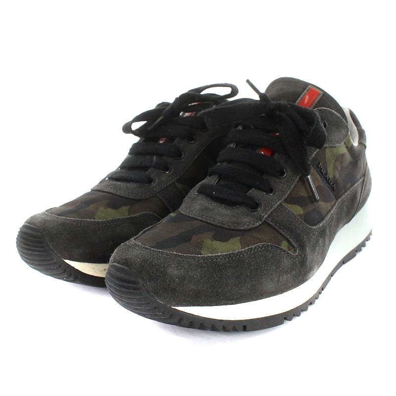 プラダ PRADA スポーツ スニーカー カモフラ スエード 37 24cm カーキ 
