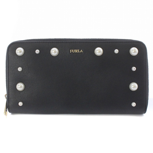 フルラ FURLA 長財布 パールラウンドジップ ロゴ レザー 黒