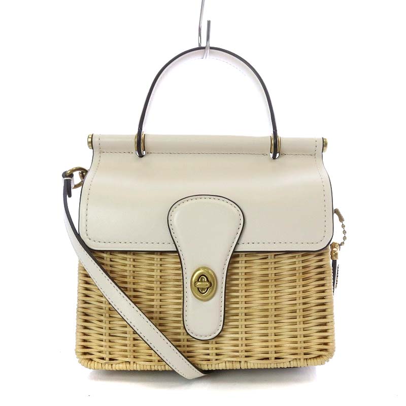 Coach かごバッグ ベージュ ロゴ刺繍 COACH かごバッグ ベージュ ホワイト コーチ25年春ラフィア