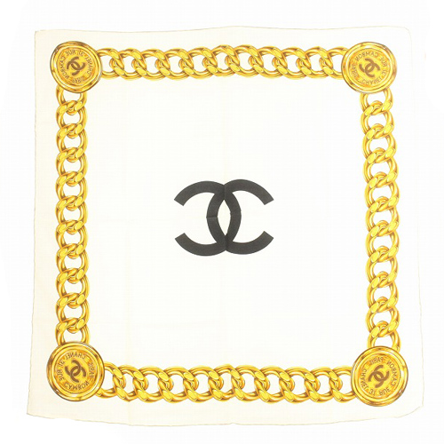 シャネル CHANEL スカーフ シルク ココマーク チェーン柄 アイボリー  