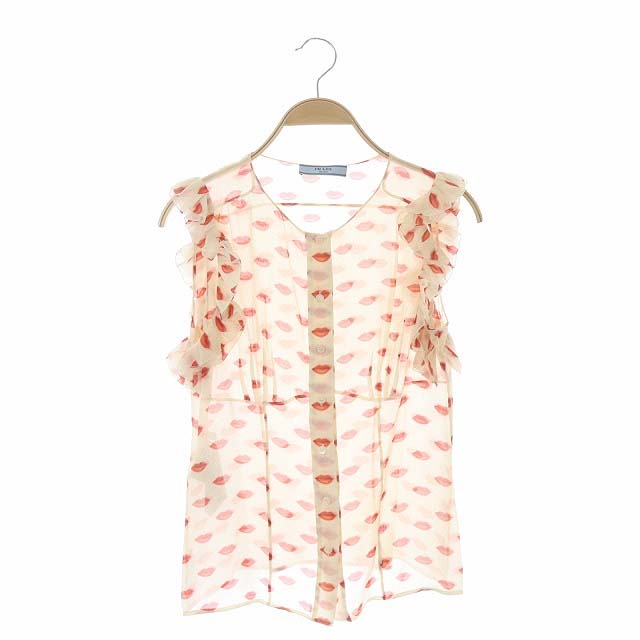 プラダ PRADA リップ柄 シルクフリル ノースリーブブラウス シャツ 