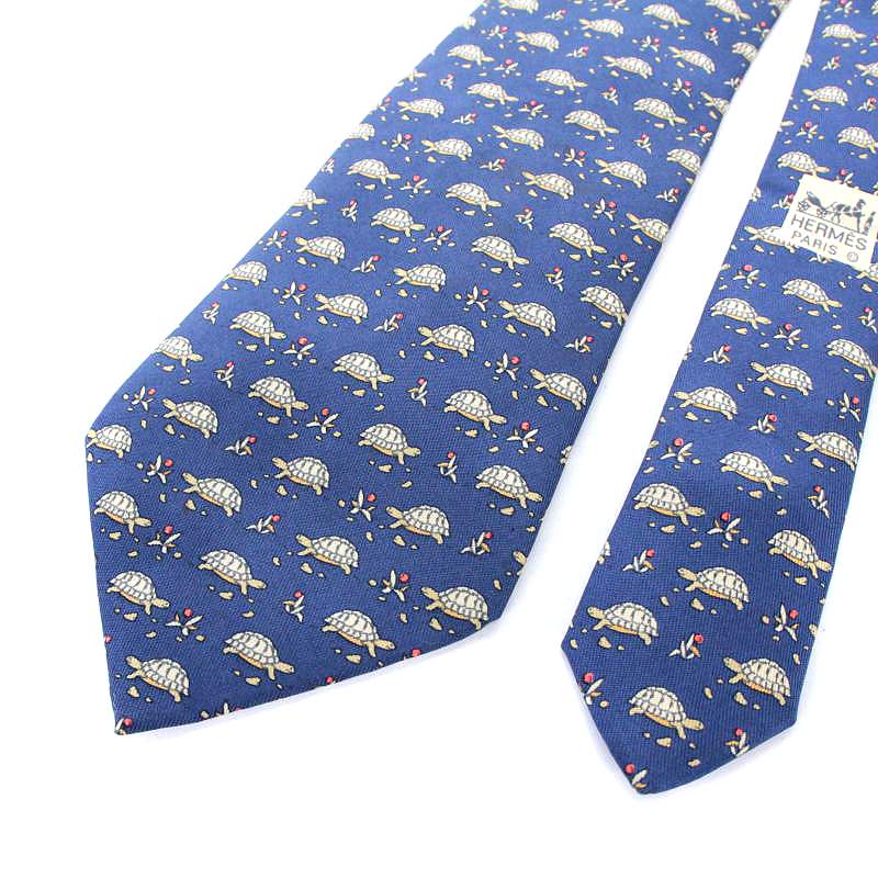 エルメス HERMES ネクタイ 亀柄 シルク 絹 青 ブルー □AD □OH /AK15