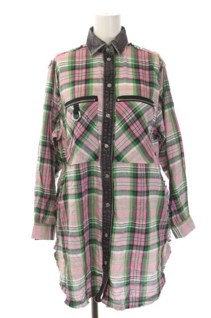 ディーゼル Diesel デニム切り替え チェック シャツ チュニック 長袖 カットオフ Xxs ピンク 緑 マルチカラー Es Os レディース 170 ベクトルパーク