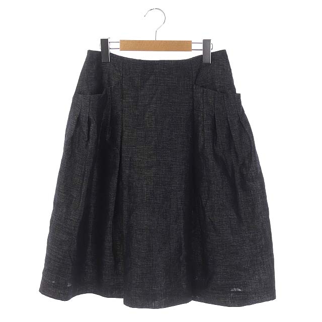 フォクシー FOXEY リネン スカート フレア タック ミディ丈 40 濃紺  