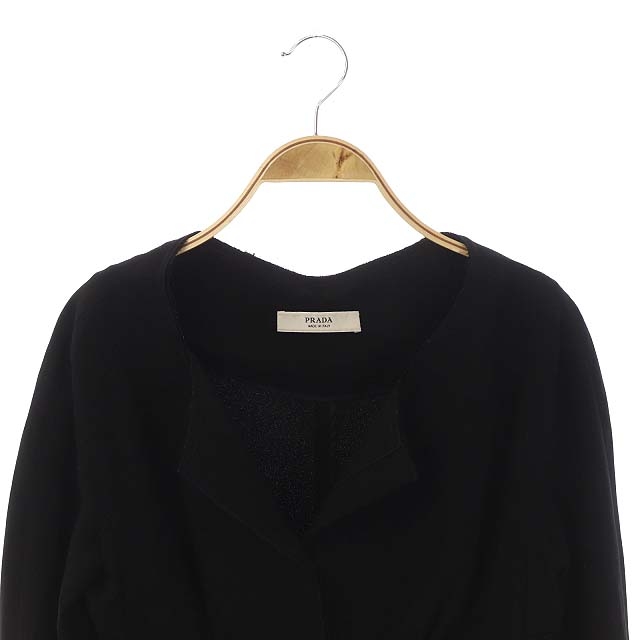 プラダ PRADA ノーカラー ギャザー ジャケット デザイン 42 黒 